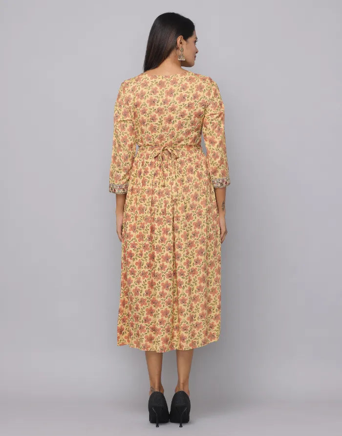 Floral Printed V Neck Dress With Embroidery on Neck, Sleeve & Waist Emroidered Belt