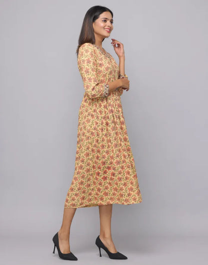 Floral Printed V Neck Dress With Embroidery on Neck, Sleeve & Waist Emroidered Belt