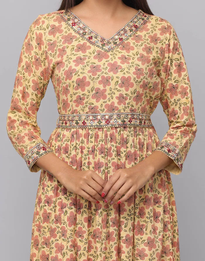 Floral Printed V Neck Dress With Embroidery on Neck, Sleeve & Waist Emroidered Belt