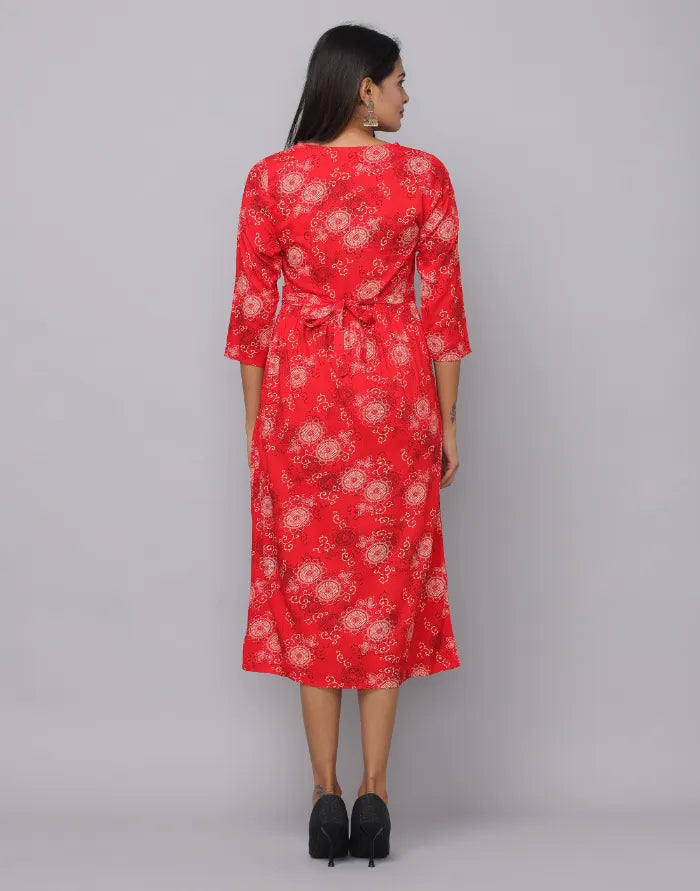 Floral Printed V Neck Dress With Embroidery on Neck & Waist Emroidered Belt