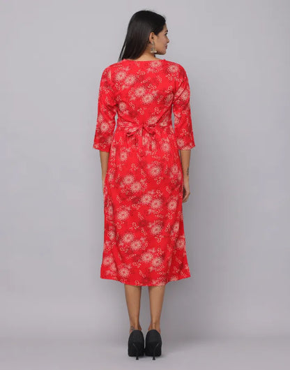 Floral Printed V Neck Dress With Embroidery on Neck & Waist Emroidered Belt