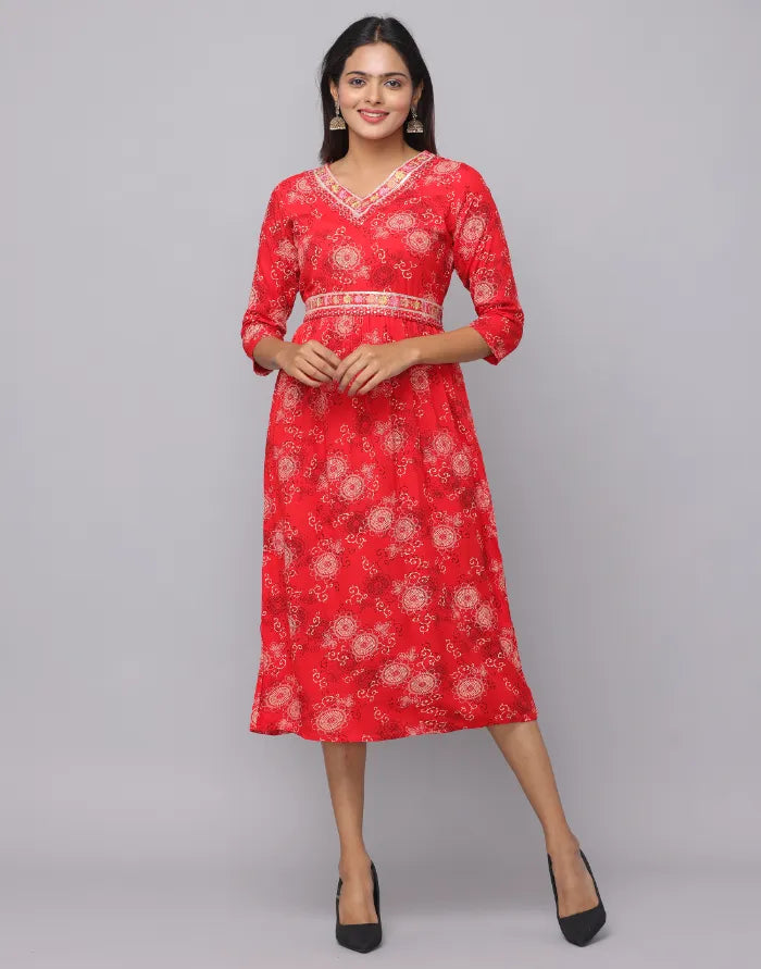 Floral Printed V Neck Dress With Embroidery on Neck & Waist Emroidered Belt