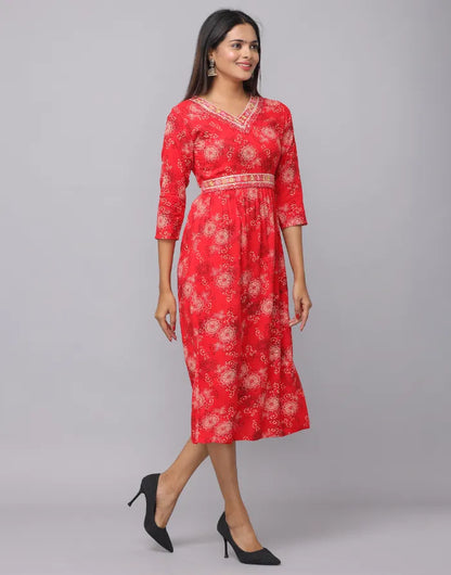 Floral Printed V Neck Dress With Embroidery on Neck & Waist Emroidered Belt