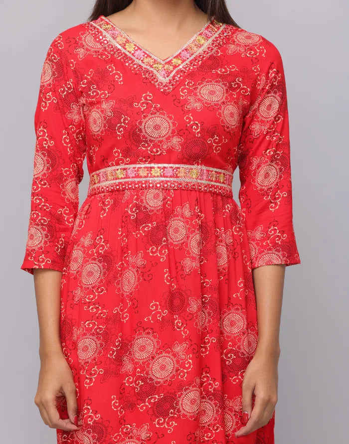 Floral Printed V Neck Dress With Embroidery on Neck & Waist Emroidered Belt