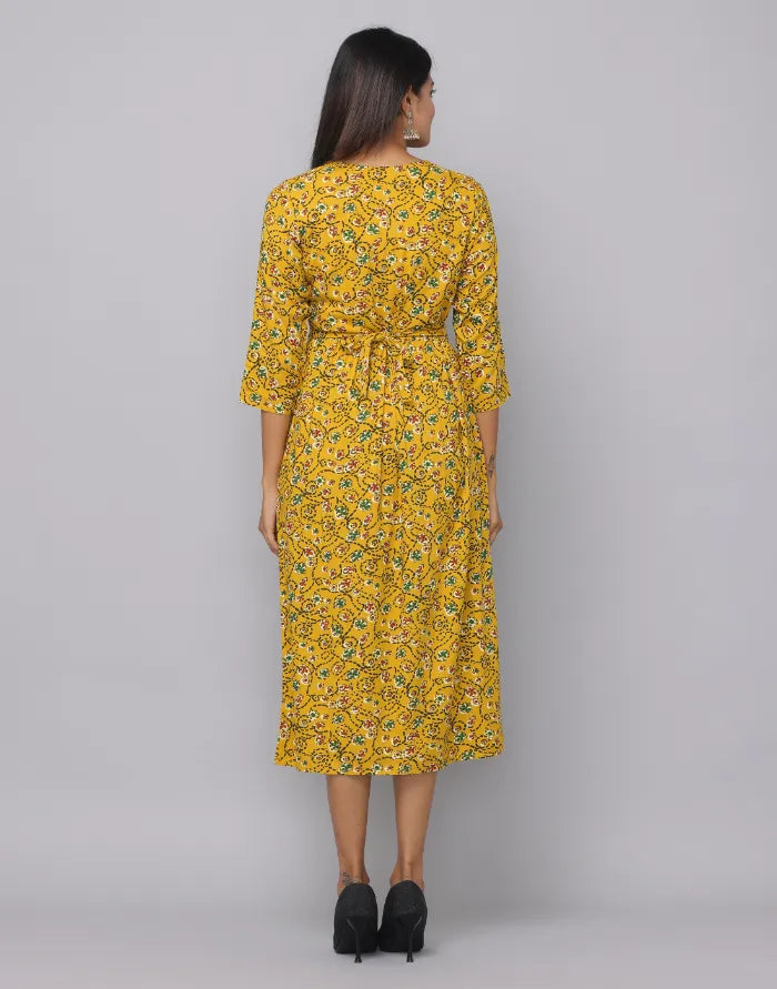 Floral Printed V Neck Dress With Embroidery on Neck & Waist Emroidered Belt