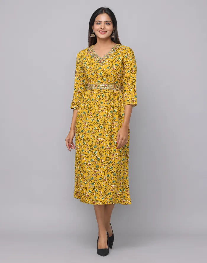 Floral Printed V Neck Dress With Embroidery on Neck & Waist Emroidered Belt