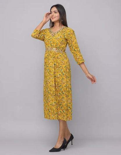 Floral Printed V Neck Dress With Embroidery on Neck & Waist Emroidered Belt