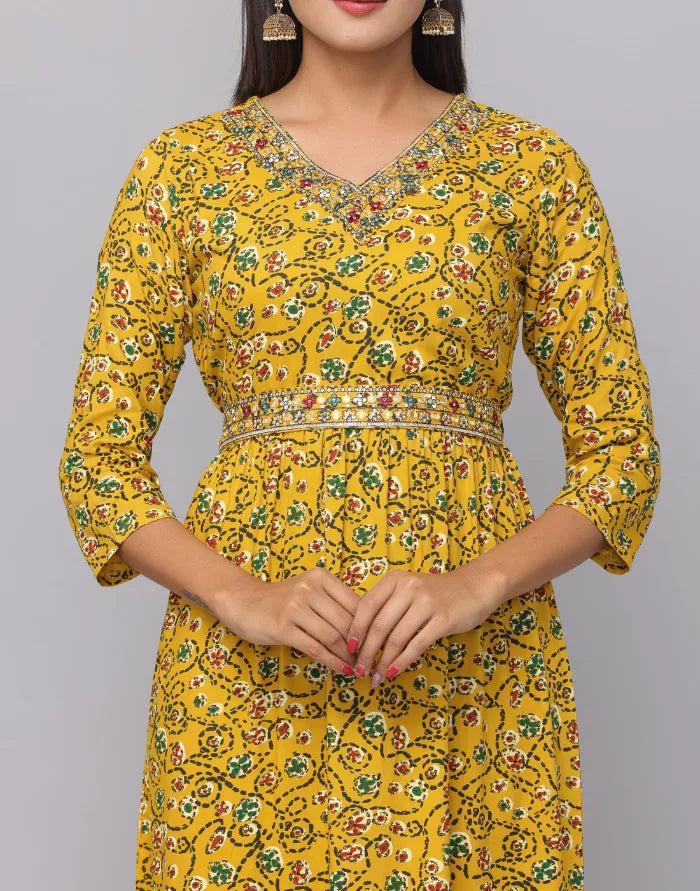 Floral Printed V Neck Dress With Embroidery on Neck & Waist Emroidered Belt