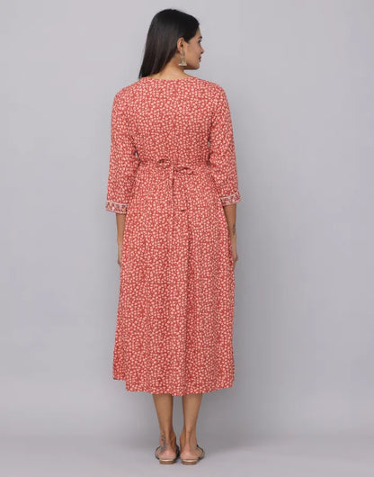 Floral Printed V Neck Dress With Embroidery on Neck, Sleeve & Waist Emroidered Belt