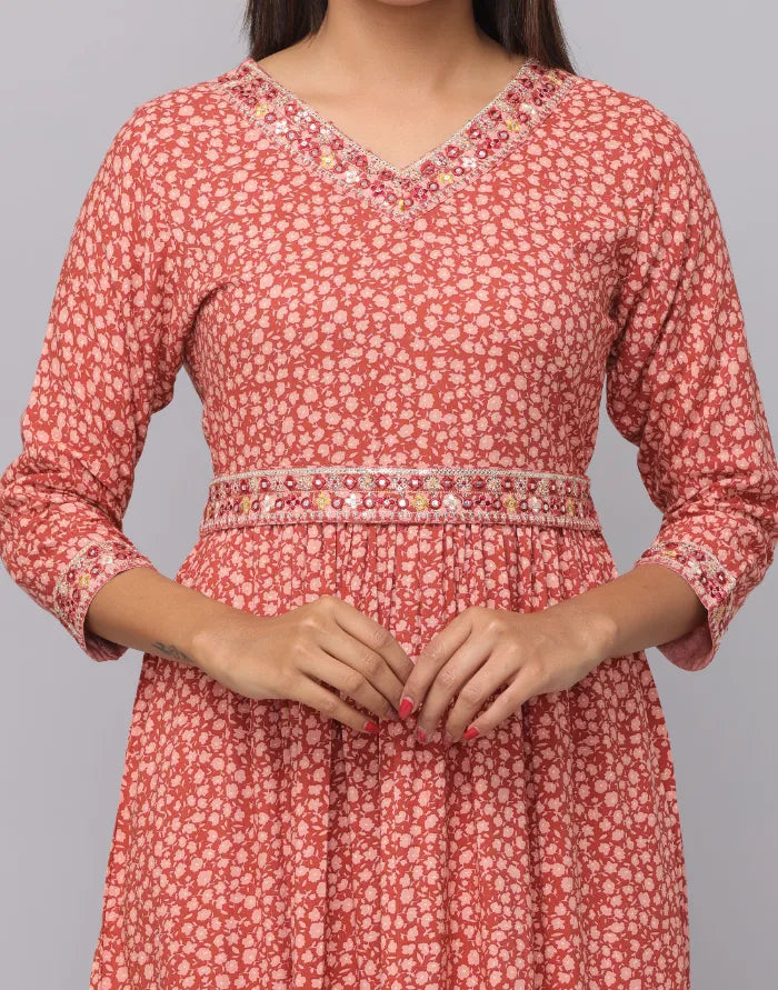 Floral Printed V Neck Dress With Embroidery on Neck, Sleeve & Waist Emroidered Belt