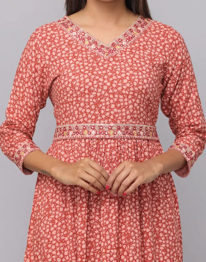 Floral Printed V Neck Dress With Embroidery on Neck, Sleeve & Waist Emroidered Belt