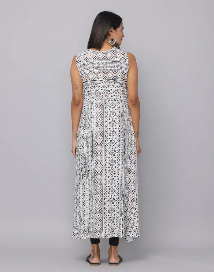 Floral Printed Round Neck Sleeveless Full Length Kurta With Front Slits