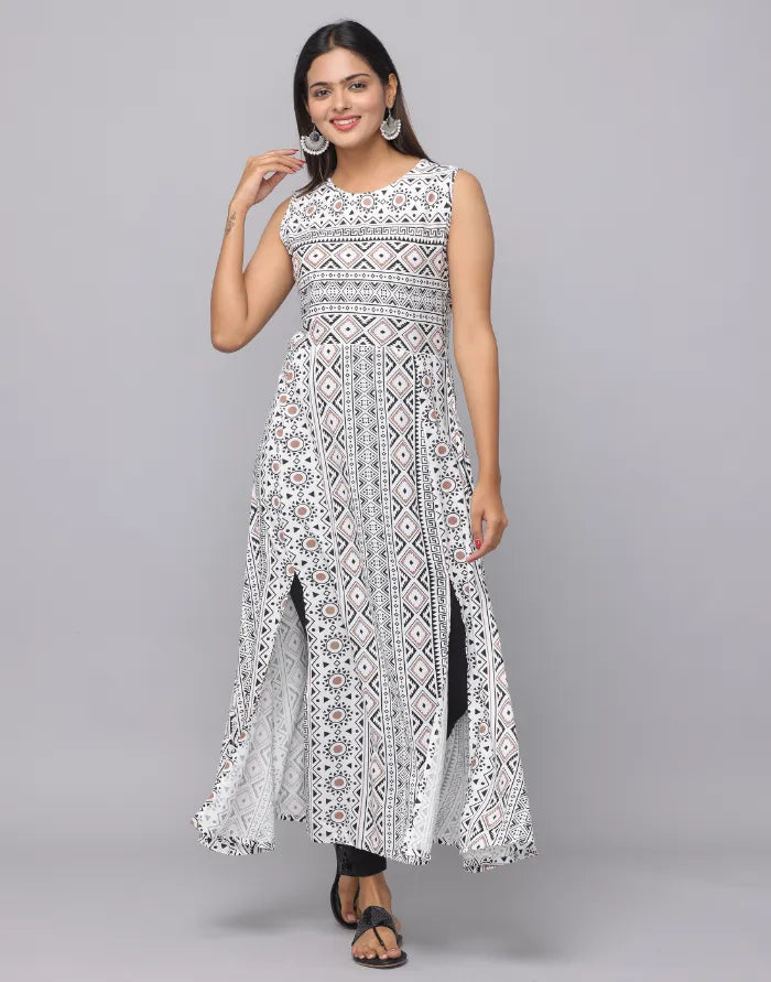 Floral Printed Round Neck Sleeveless Full Length Kurta With Front Slits