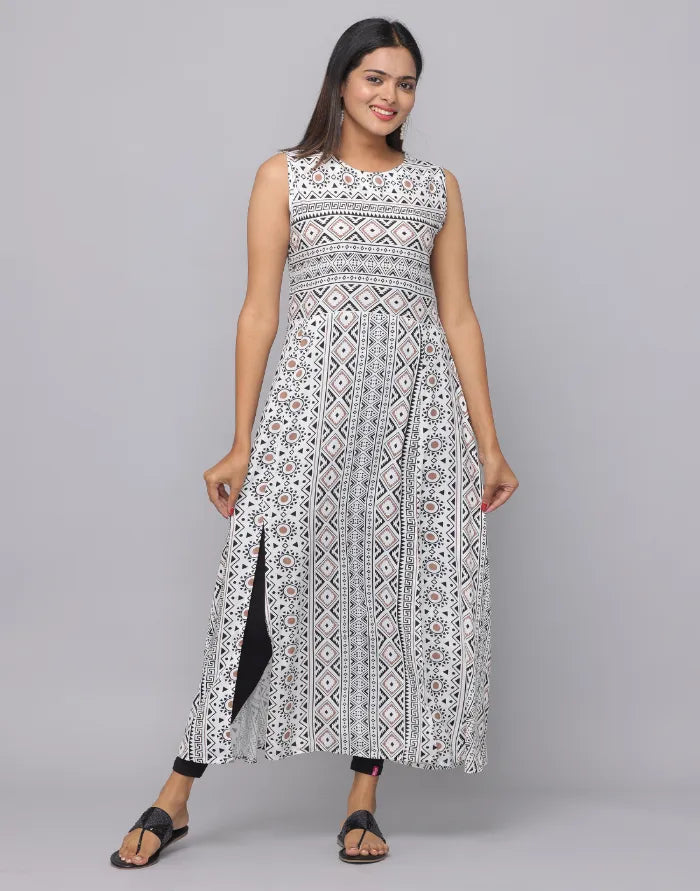 Floral Printed Round Neck Sleeveless Full Length Kurta With Front Slits