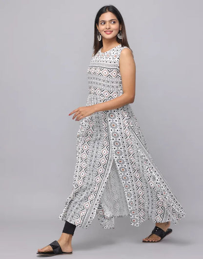 Floral Printed Round Neck Sleeveless Full Length Kurta With Front Slits