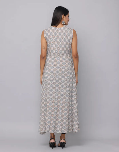 Floral Printed Round Neck Sleeveless Full Length Kurta With Front Slits