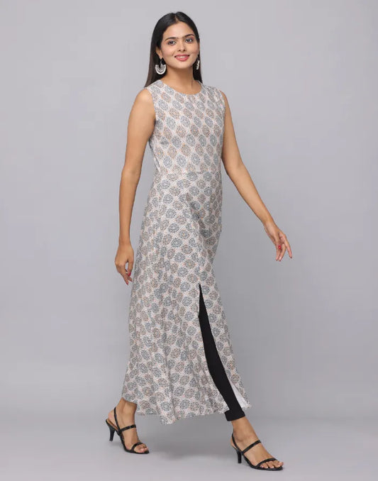 Floral Printed Round Neck Sleeveless Full Length Kurta With Front Slits