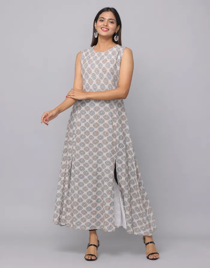 Floral Printed Round Neck Sleeveless Full Length Kurta With Front Slits