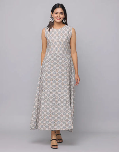 Floral Printed Round Neck Sleeveless Full Length Kurta With Front Slits