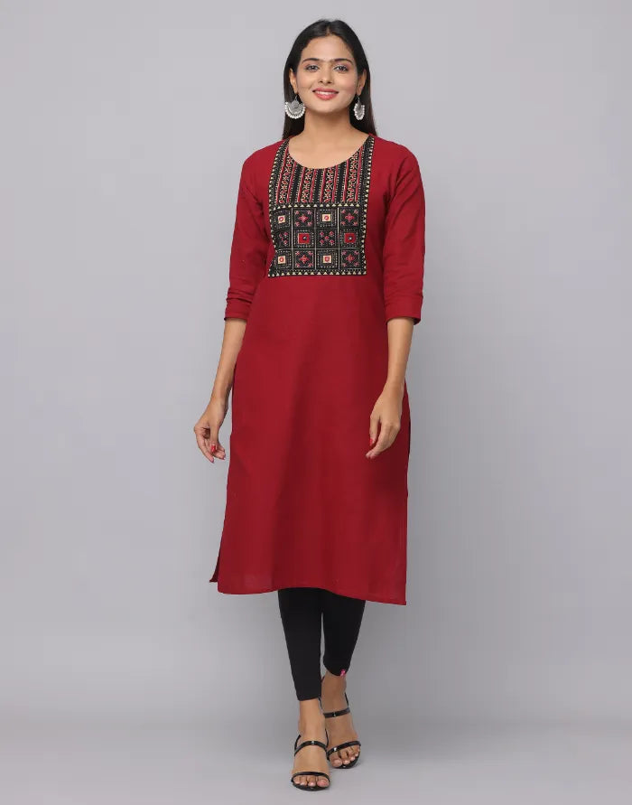 Round Neck Front Yoke Patch Kurta With 3/4 Sleeve