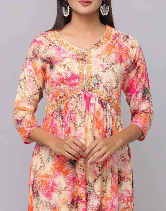 Aliya Design V Neck Embroidery Patch 3/4th Sleeve Kurta