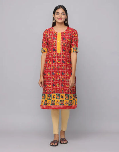 Round Neck Elbow Length Kurta WIth Front Patch with Button