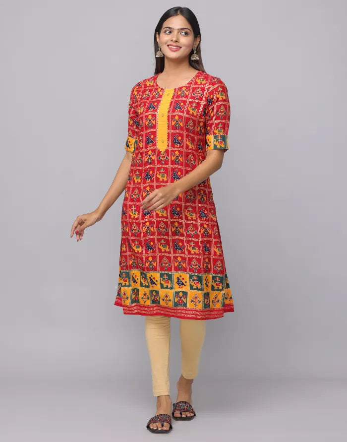 Round Neck Elbow Length Kurta WIth Front Patch with Button