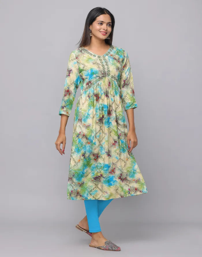 Aliya Design V Neck Embroidery Patch 3/4th Sleeve Kurta