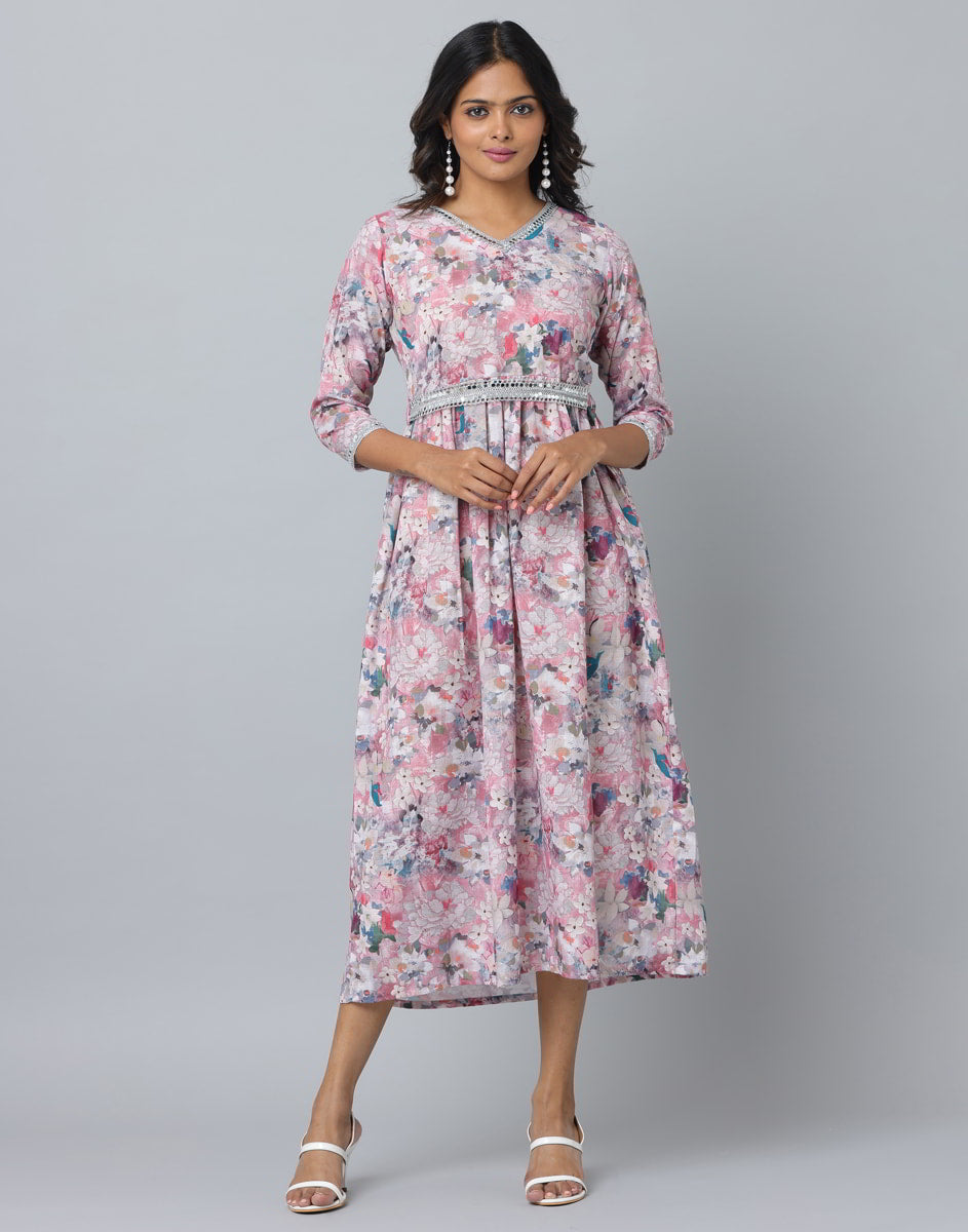 Linen Floral Print 3/4 Sleeve Dress 