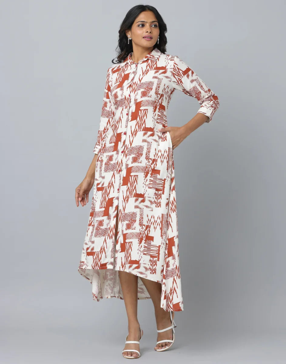 Abstract Print Rayon Dress with Front Placket