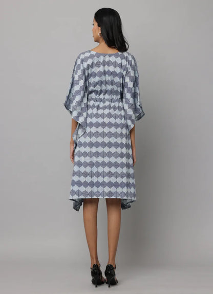 Bagru Print U Neck Kaftan With Waist Tieup String With Tunnel