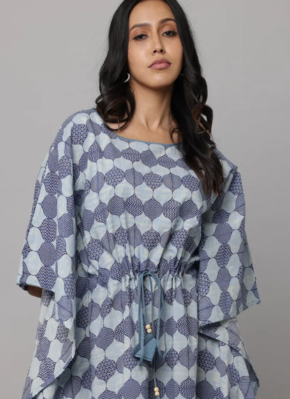 Bagru Print U Neck Kaftan With Waist Tieup String With Tunnel