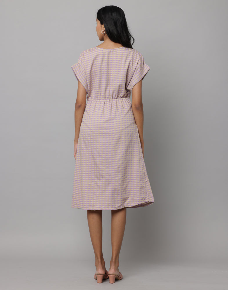 Boat Neck Printed Checks Broad Folded Cap Sleeve Indo Western Dress