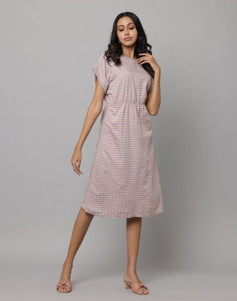 Boat Neck Printed Checks Broad Folded Cap Sleeve Indo Western Dress