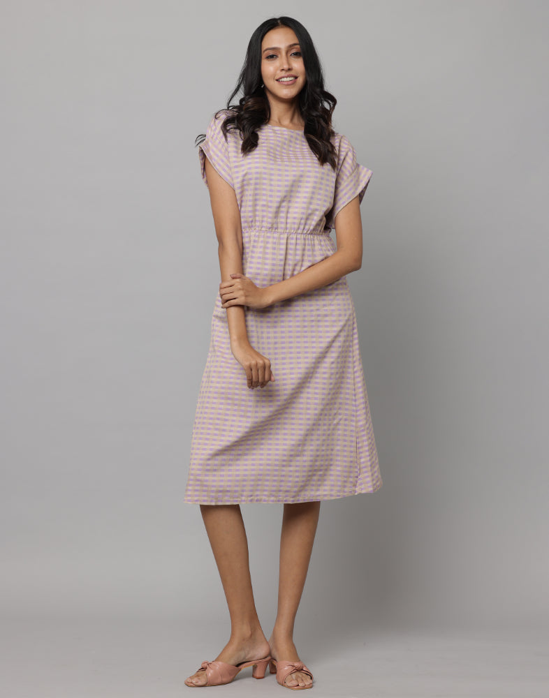 Boat Neck Printed Checks Broad Folded Cap Sleeve Indo Western Dress