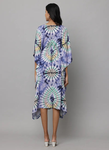 Abstract Print U Neck Kaftan With Waist Tieup String With Tunnel