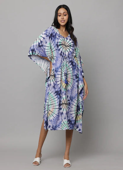 Abstract Print U Neck Kaftan With Waist Tieup String With Tunnel