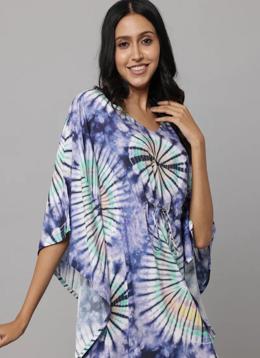 Abstract Print U Neck Kaftan With Waist Tieup String With Tunnel