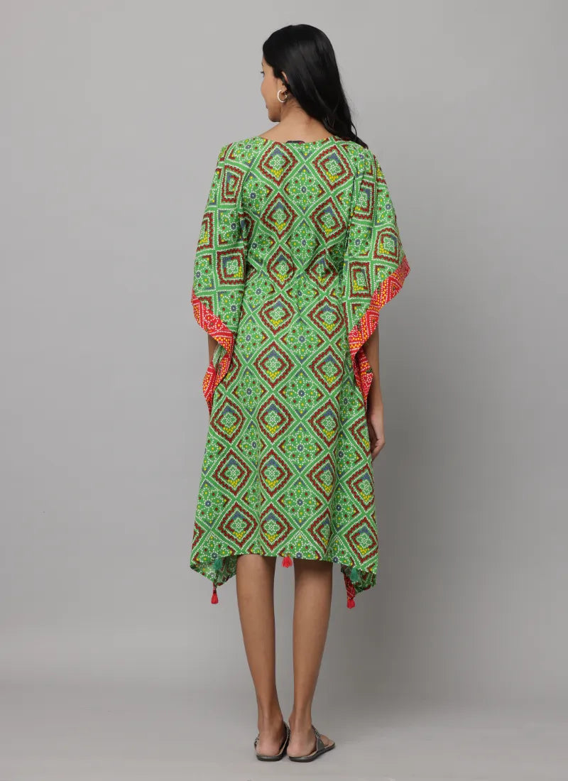 Block Print V Neck Kaftan Stitched With Contract Fabric On Side Seam & Neck Enhanced With Waist Tieup String & Tunnel