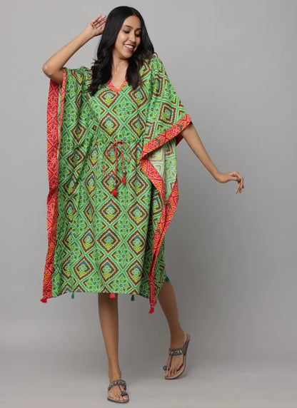 Block Print V Neck Kaftan Stitched With Contract Fabric On Side Seam & Neck Enhanced With Waist Tieup String & Tunnel