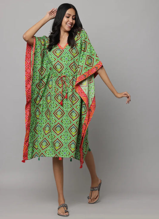 Block Print V Neck Kaftan Stitched With Contract Fabric On Side Seam & Neck Enhanced With Waist Tieup String & Tunnel