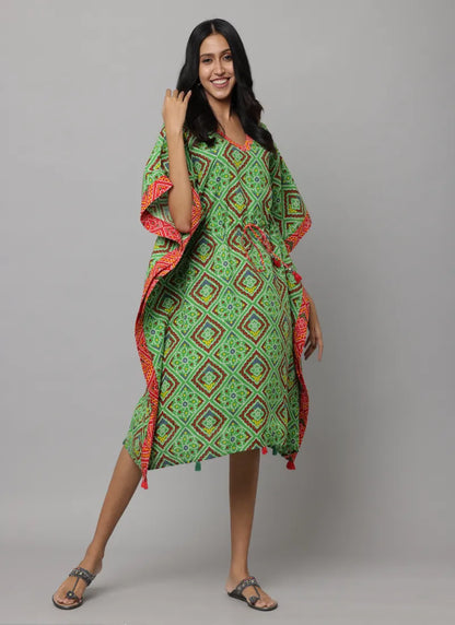 Block Print V Neck Kaftan Stitched With Contract Fabric On Side Seam & Neck Enhanced With Waist Tieup String & Tunnel