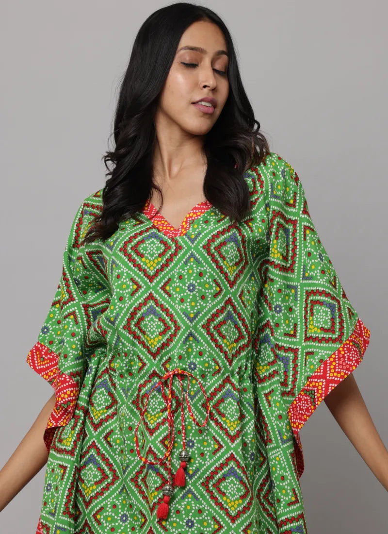 Block Print V Neck Kaftan Stitched With Contract Fabric On Side Seam & Neck Enhanced With Waist Tieup String & Tunnel