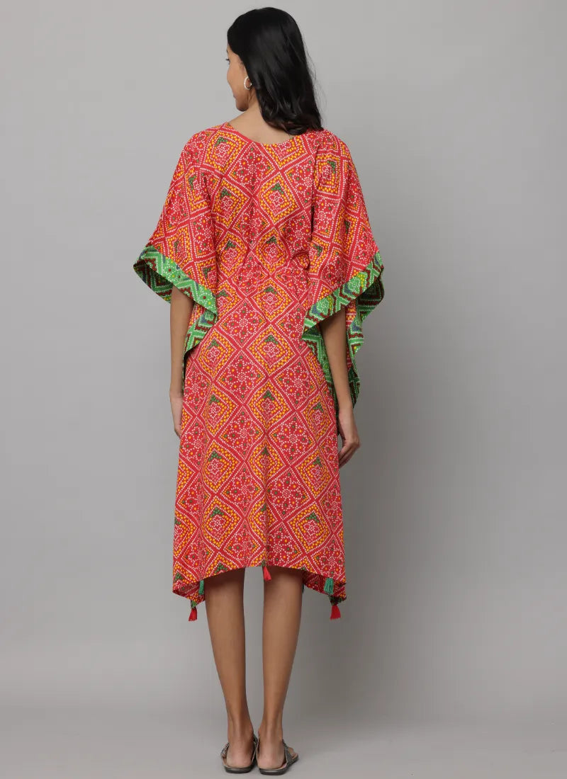 Block Print V Neck Kaftan Stitched With Contract Fabric On Side Seam & Neck Enhanced With Waist Tieup String & Tunnel