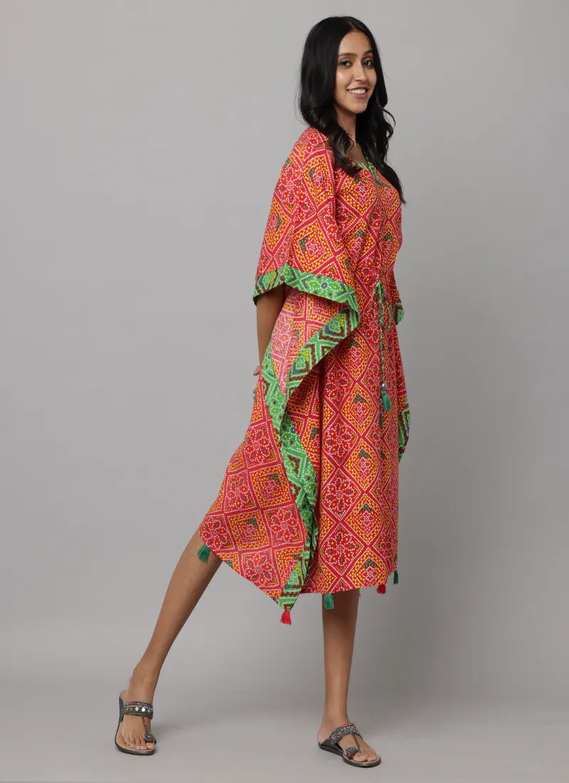 Block Print V Neck Kaftan Stitched With Contract Fabric On Side Seam & Neck Enhanced With Waist Tieup String & Tunnel