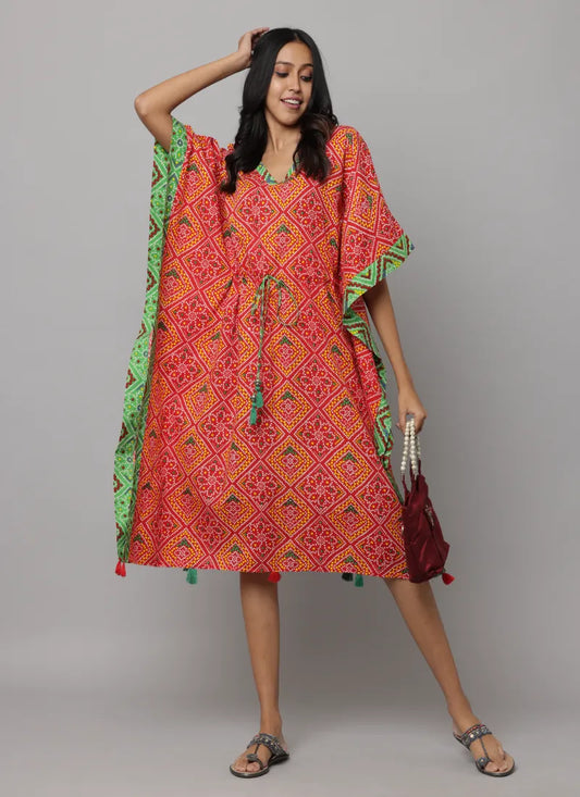 Block Print V Neck Kaftan Stitched With Contract Fabric On Side Seam & Neck Enhanced With Waist Tieup String & Tunnel