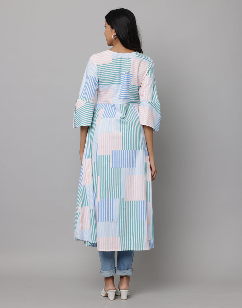 Stripe Printed Long Front Slit Kurta With 3/4th Flared Sleeves