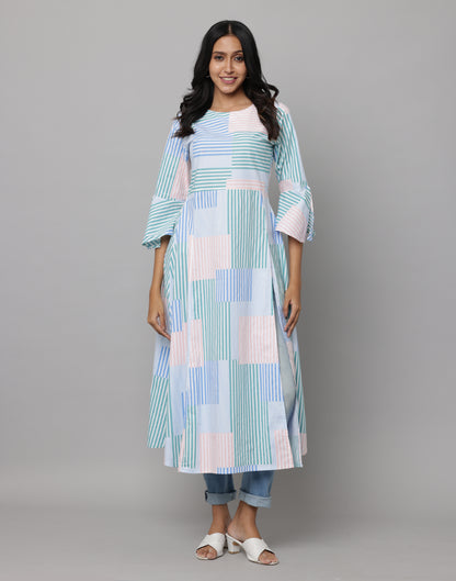 Stripe Printed Long Front Slit Kurta With 3/4th Flared Sleeves