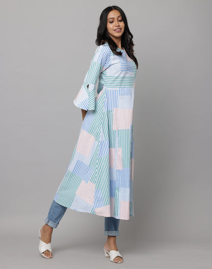 Stripe Printed Long Front Slit Kurta With 3/4th Flared Sleeves