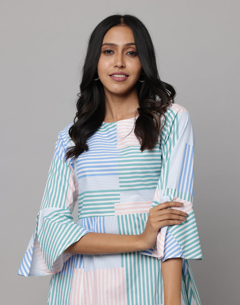 Stripe Printed Long Front Slit Kurta With 3/4th Flared Sleeves